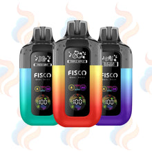 Three Fisco vape devices in different colours on a Logo background