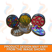 Fizz three-part herb grinder with colourful cannabis leaf patterns on a white background