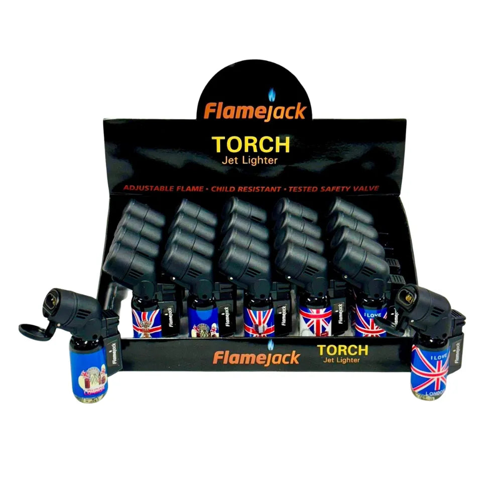 Display of Flamejack Torch jet lighters with British flags on a white background