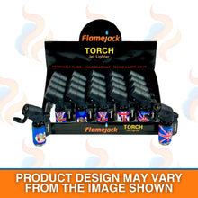 Display of Flamejack Torch jet lighters with British flags on a white background