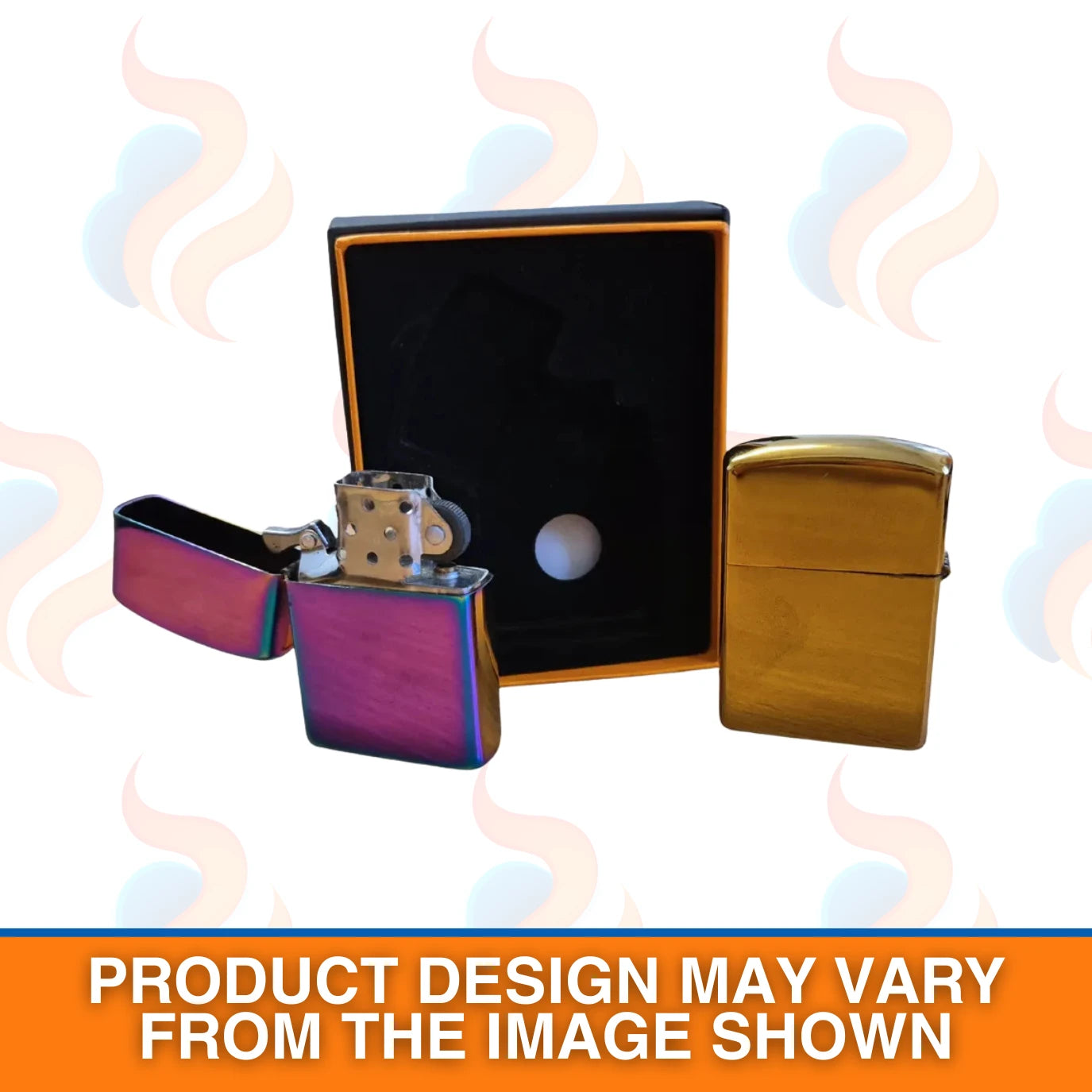 Two flip-top metal lighters, one chrome and one gold, with a black box on a white background.