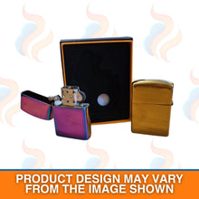 Two flip-top metal lighters, one chrome and one gold, with a black box on a white background.