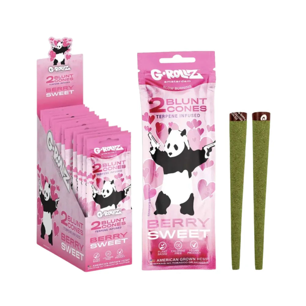 Pink packaging of "Berry Sweet" G-Rollz Blunt Cones with panda design on a white background