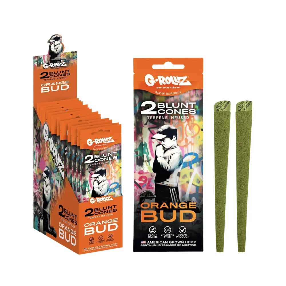 G-Rollz Blunt Cones "Orange Bud" flavour packaging with orange and black design on a white background