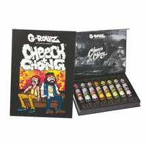Open display case with G-Rollz and Cheech & Chong branding, featuring various cone products.