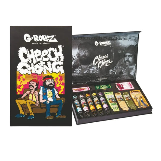 Open display case with G-Rollz and Cheech & Chong branding, featuring various smoking products.