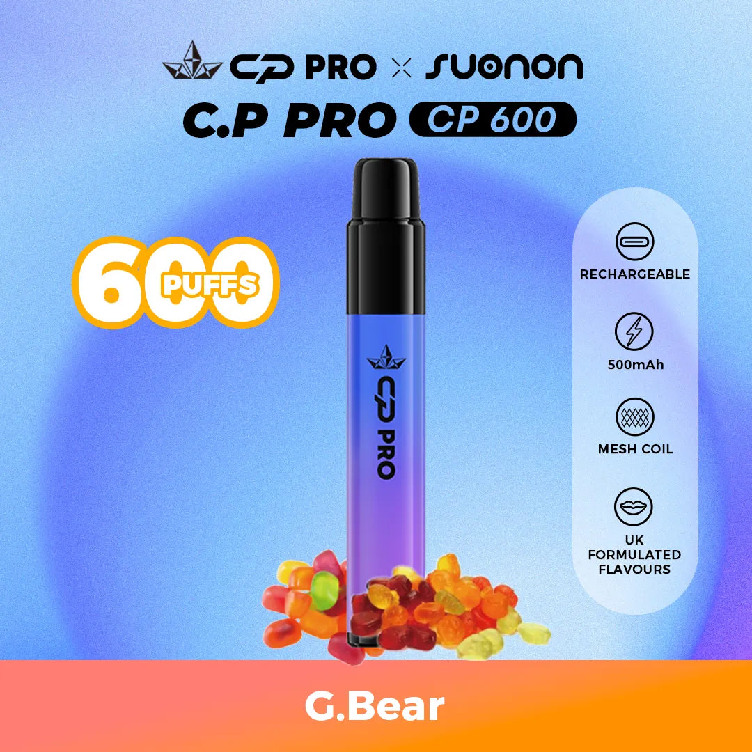 Suonon x CP Pro CP600 vape device with gummy bear flavour on a colourful gradient background
