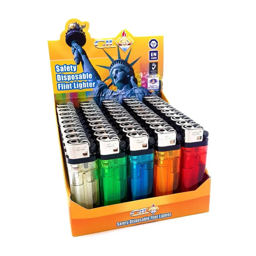 GIL safety disposable flint lighters in multiple colours in pack of 50 on a white background