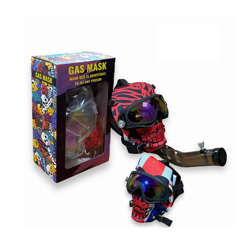 Colourful gas mask bong with skull design and packaging on a white background