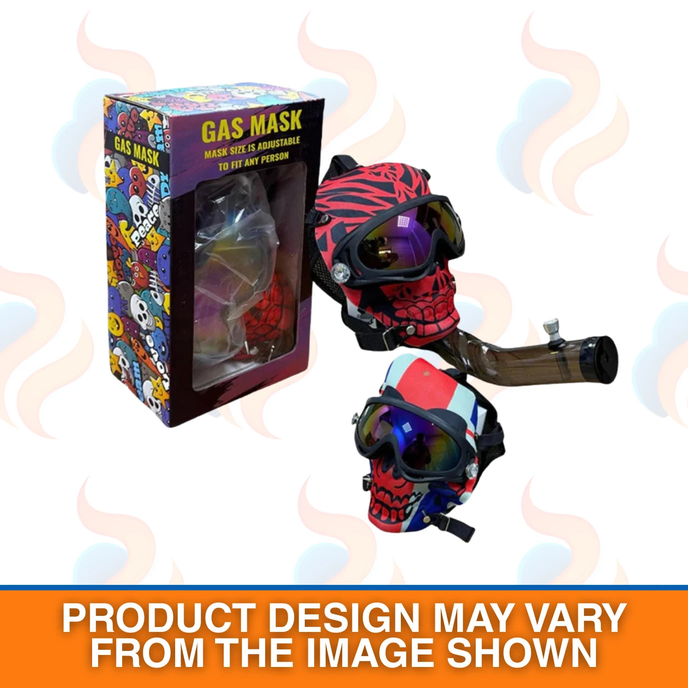 Colourful gas mask-style bong with skull design and packaging on a white background