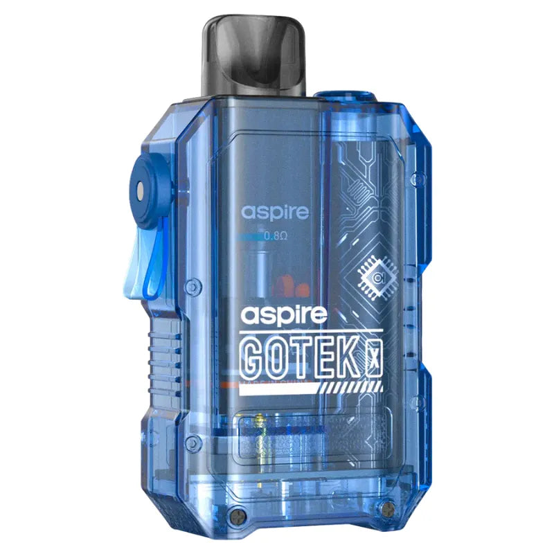 Blue Aspire Gotek vaping device on a white background