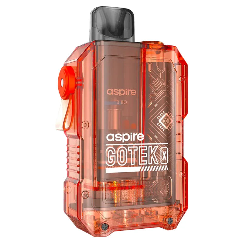 Aspire Gotek vaping device with transparent orange casing on a white background