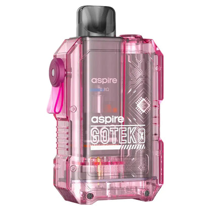 Pink and clear vape device with 'aspire' branding on a white background