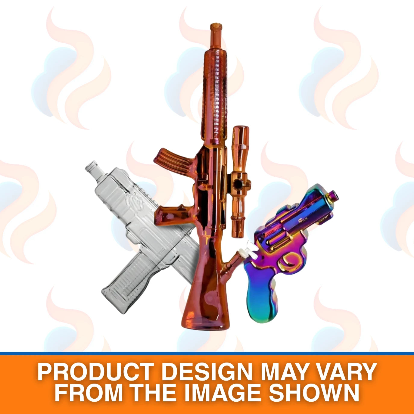 Three metallic gun-inspired bongs on a white background