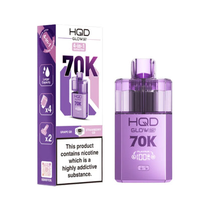 Purple HQD Glow vape device and packaging on a white background