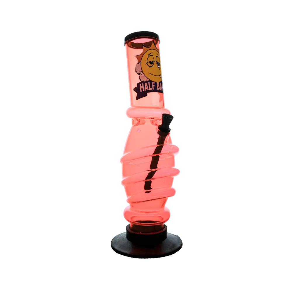 Pink and black spiral bong with cartoon face on a white background