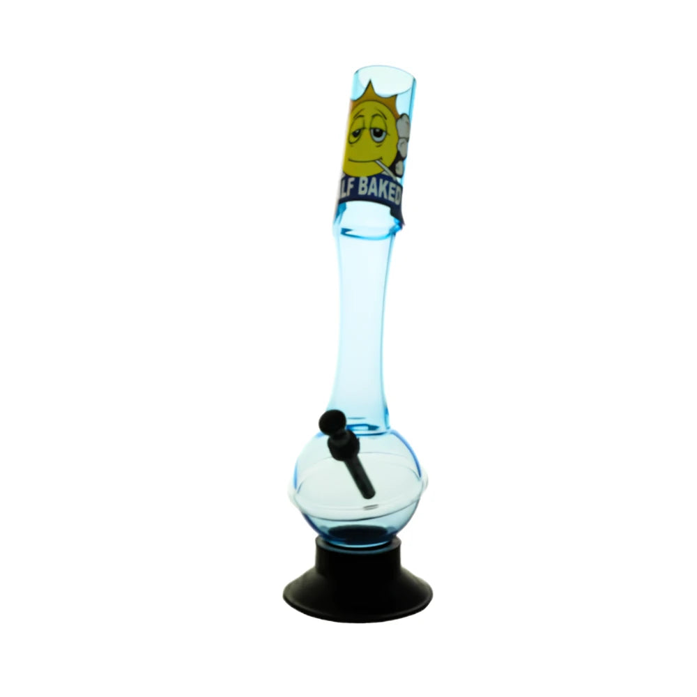 acrylic bong with a blue neck and black base on a white background