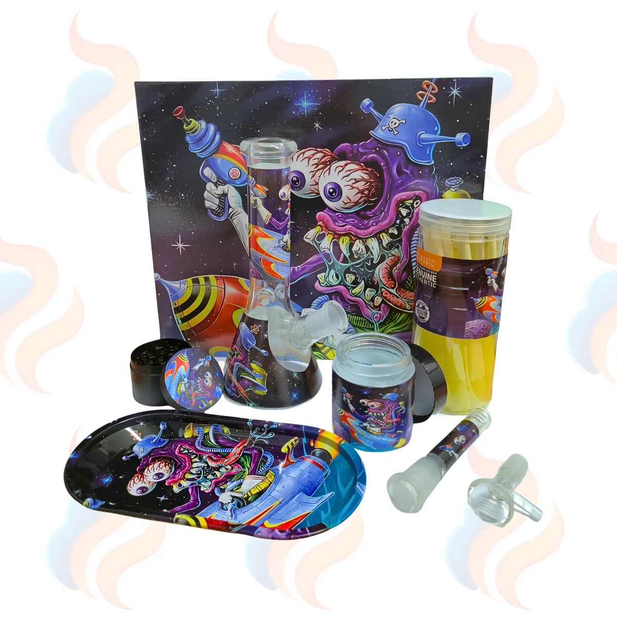 A colourful space-themed accessory set featuring a cartoon alien illustration on a tray, a tall glass water pipe, a smaller glass pipe, a jar, a clear bowl, a pump, and a cylindrical container, arranged in front of a matching printed card on a white background with faint pink smoke graphics.
