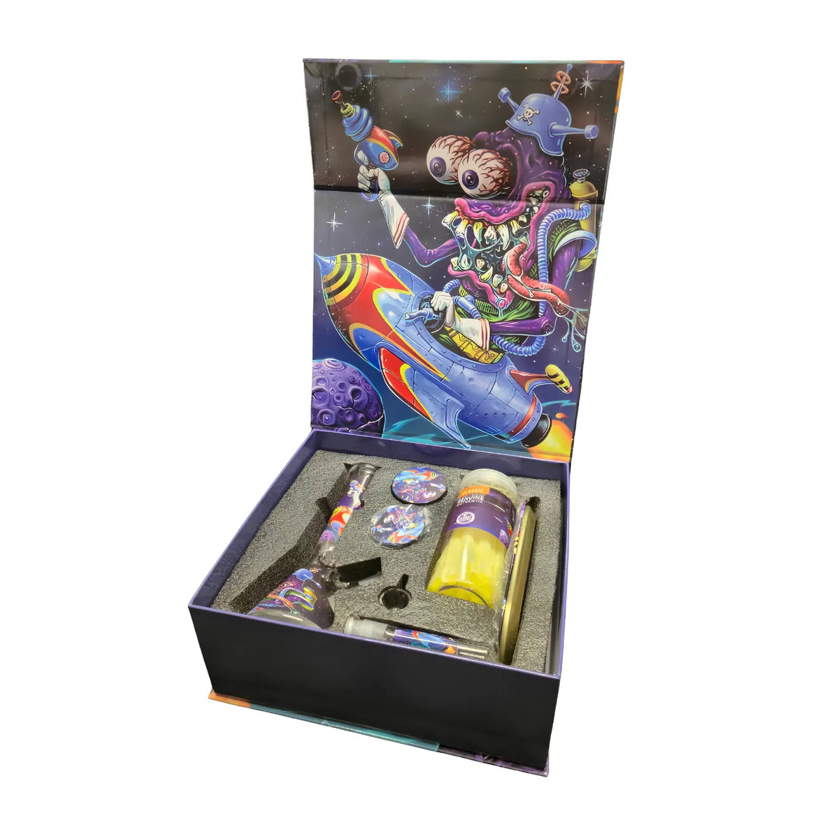 An open smoking hard-case gift box set including various smoke-related accessories in a vibrant psychedelic design 