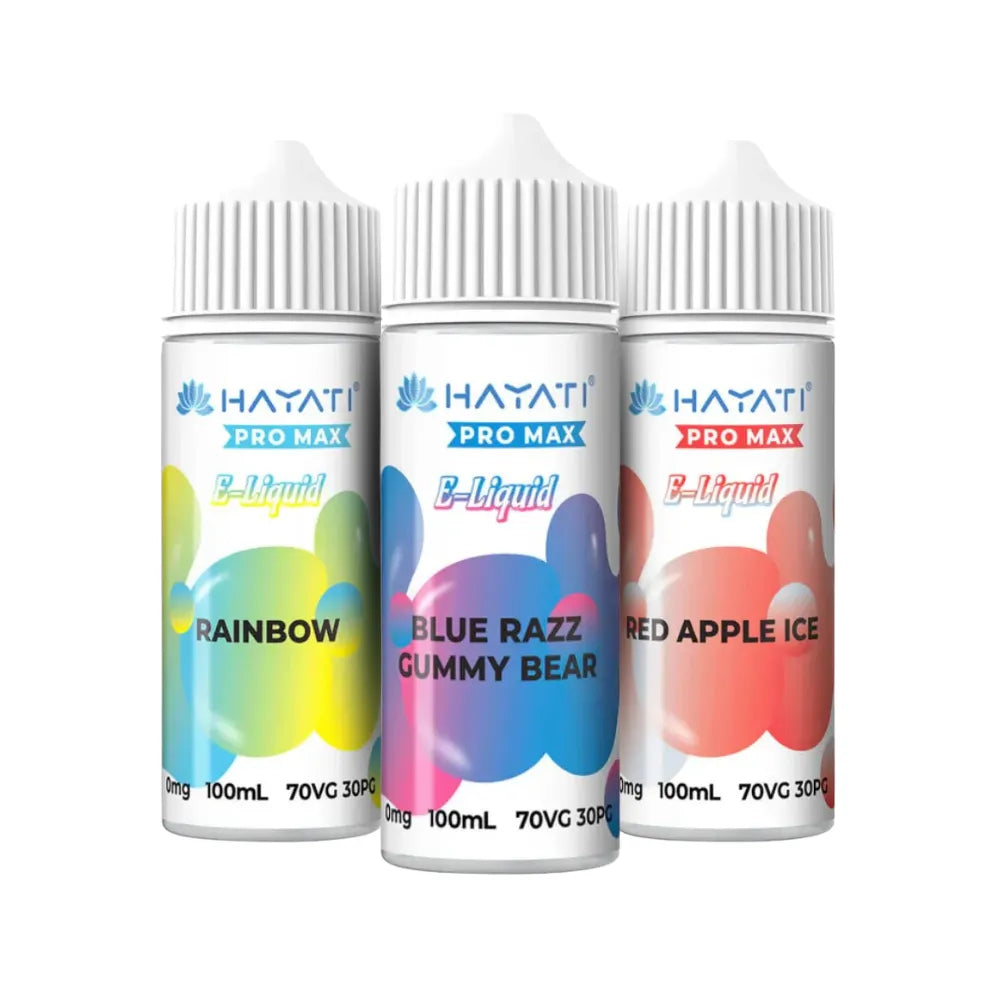Three bottles of Hayati Pro Max e-liquid with colorful labels on a white background