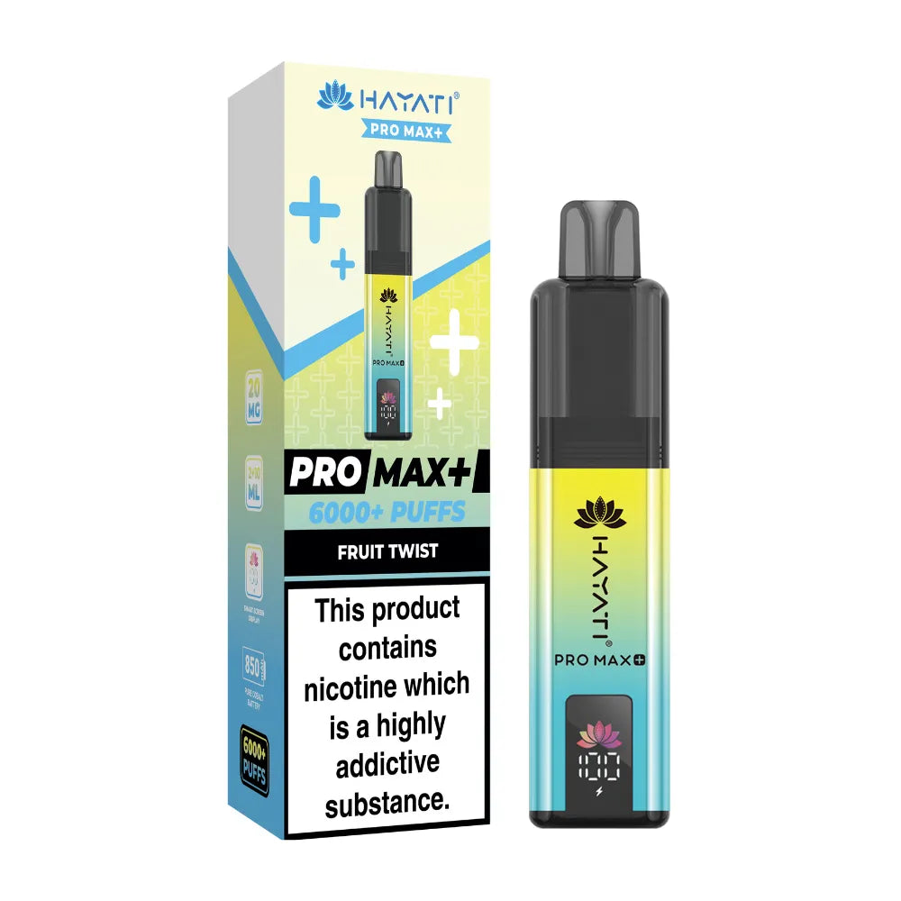 Hayati Pro Max+ vape device and packaging on a white background