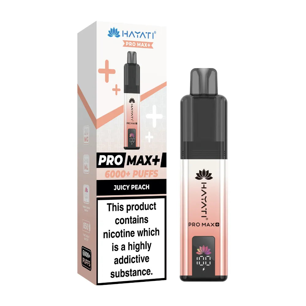 Hayati Pro Max+ vape device and packaging on a white background