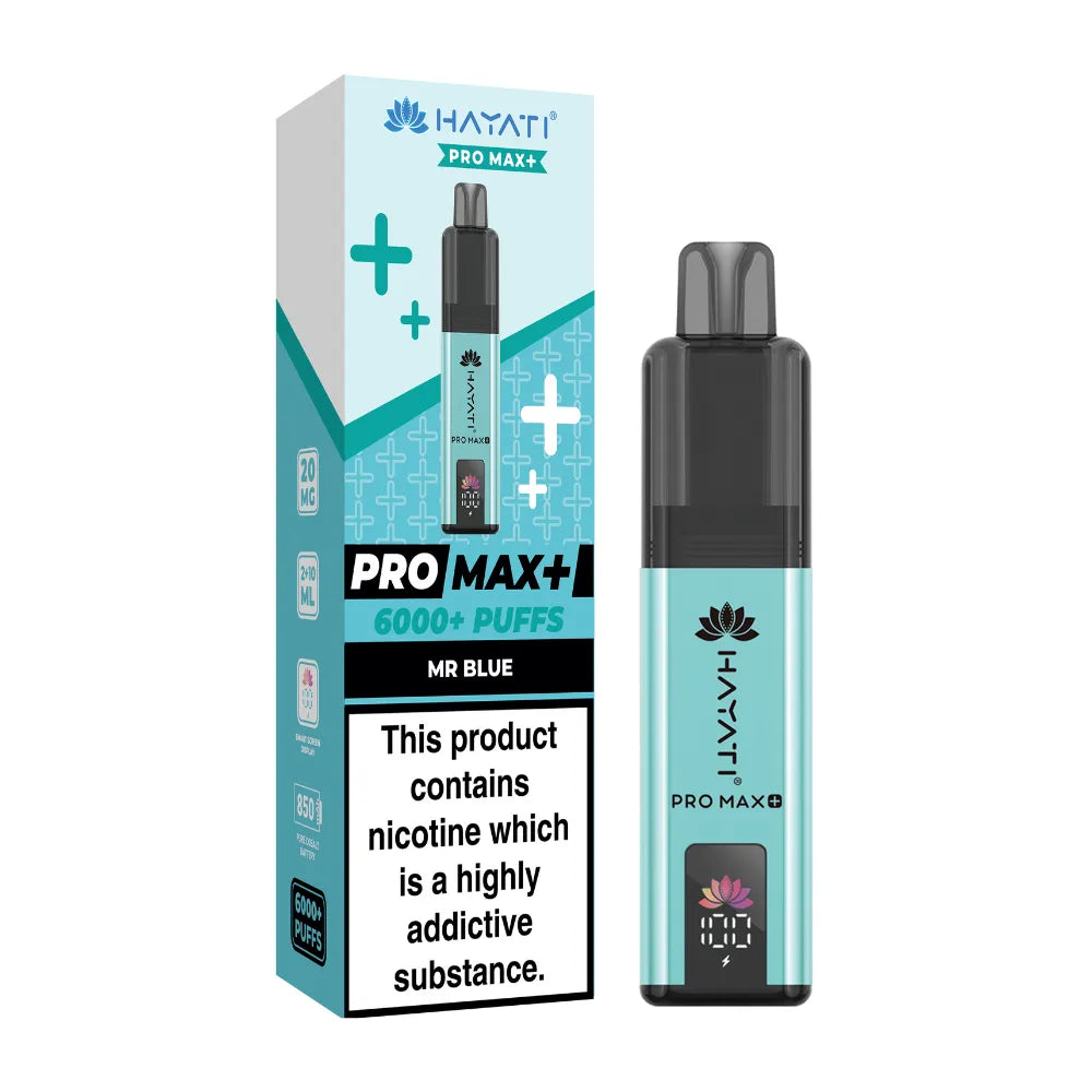 Hayati Pro Max+ vape device and packaging on a white background
