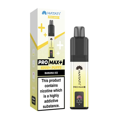 Hayati Pro Max+ vape device and packaging on a white background