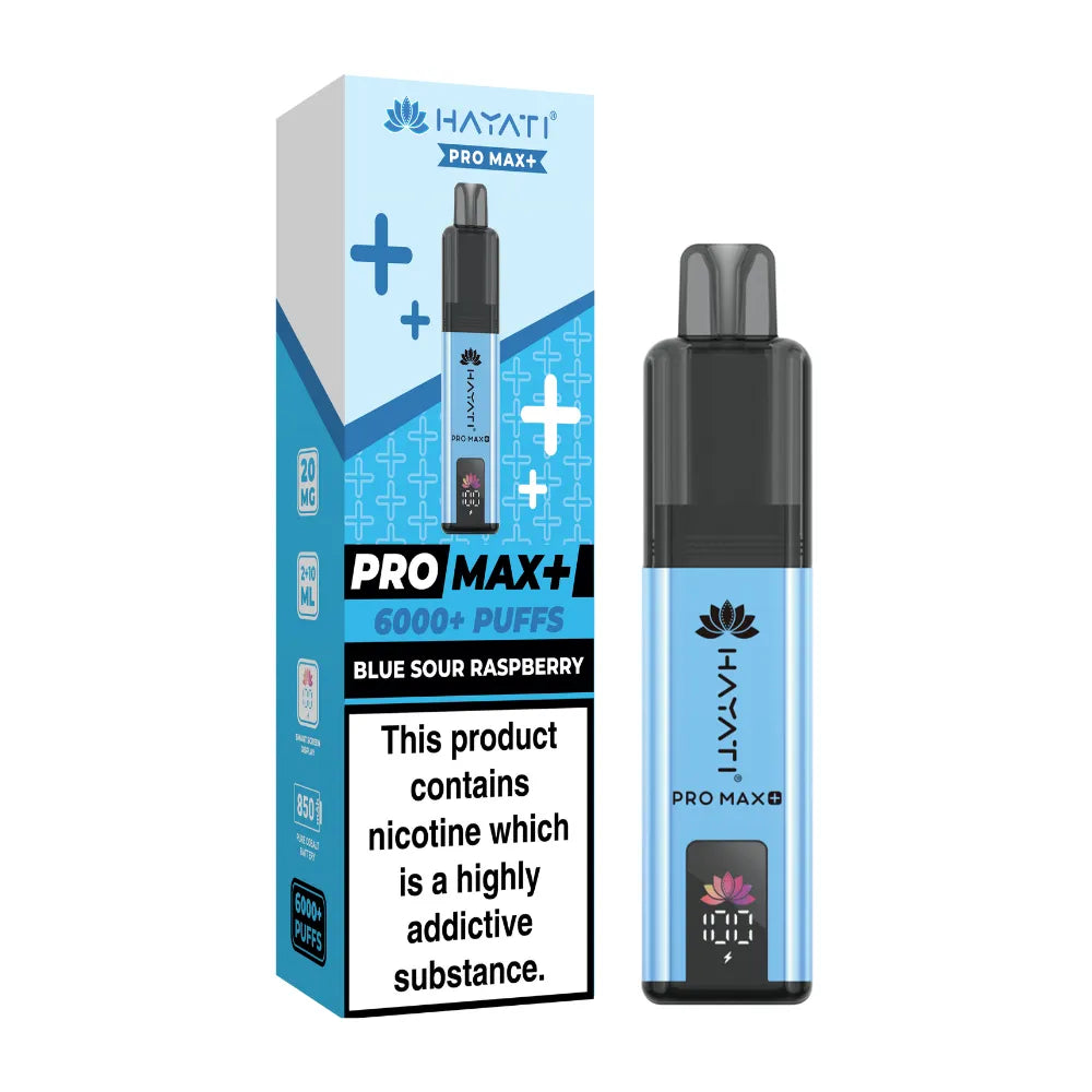 Hayati Pro Max+ vape device and packaging on a white background