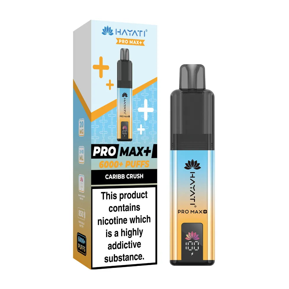 Hayati Pro Max+ vape device and packaging on a white background