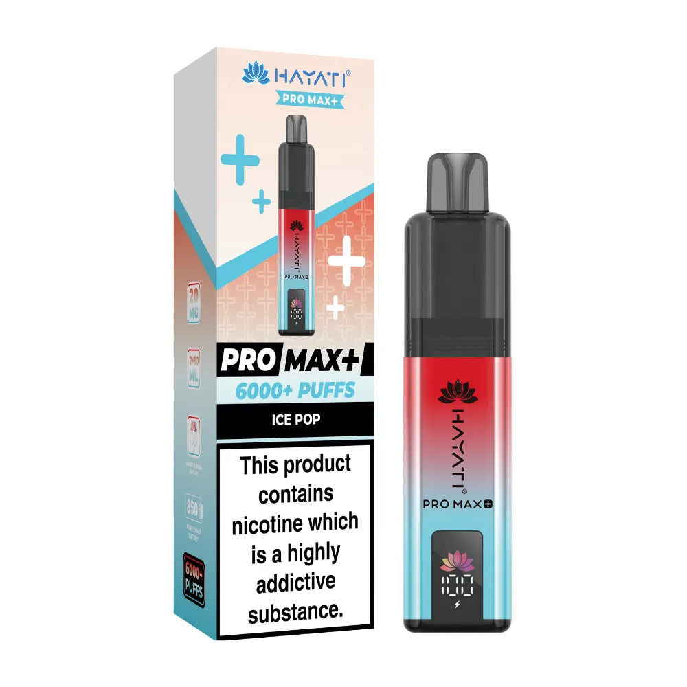 Hayati Pro Max+ vape device and packaging on a white background