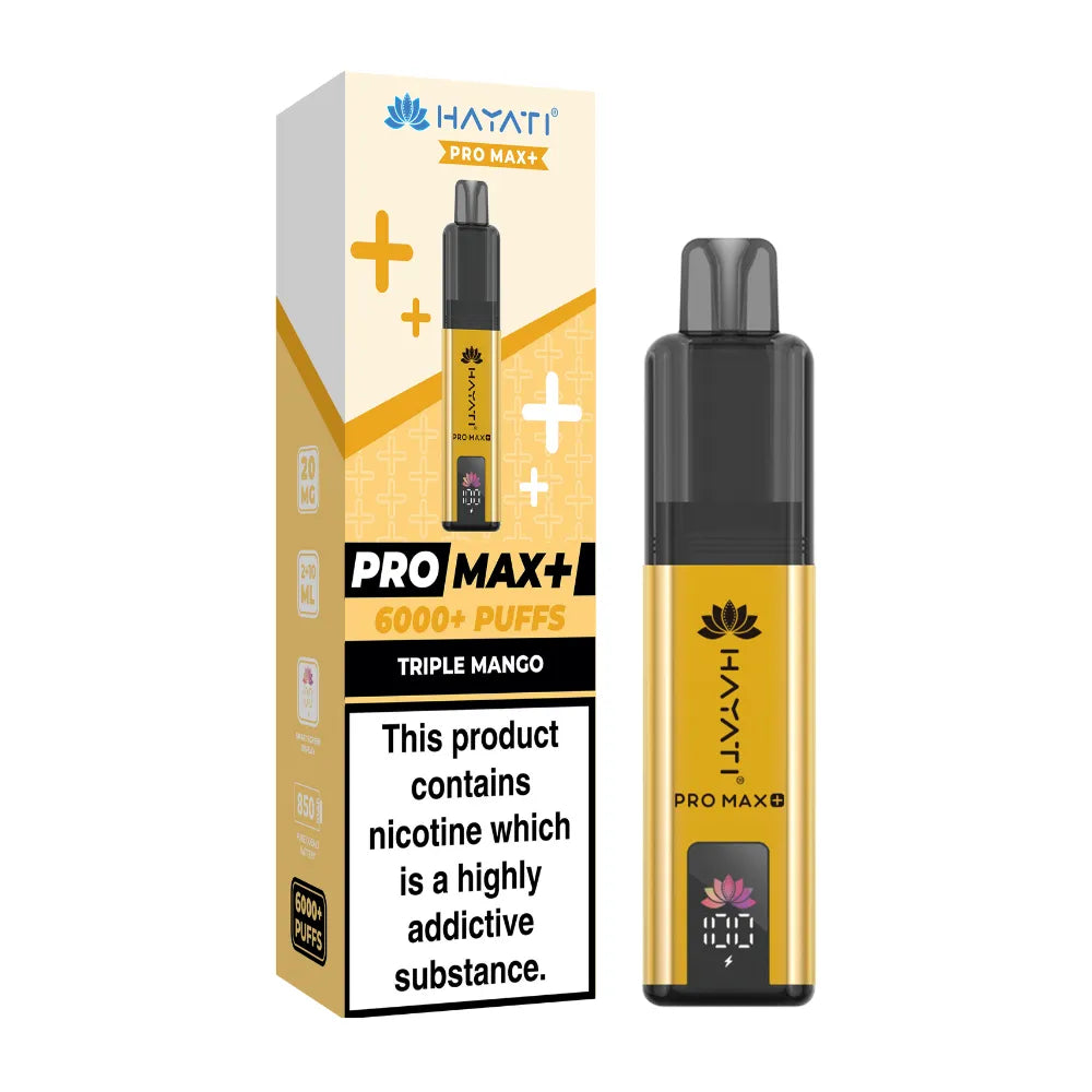 Hayati Pro Max+ vape device and packaging on a white background