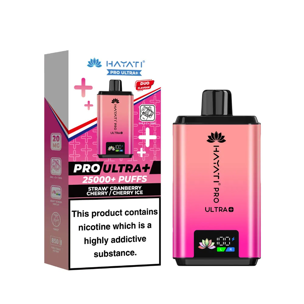 Hayati Pro Ultra+ vape device and packaging on a white background