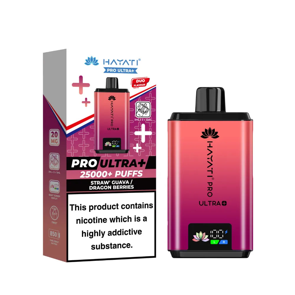 Hayati Pro Ultra+ vape device and packaging on a white background