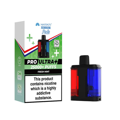 Hayati Pro Ultra+ vape pod packaging with a blue and black vape pod on a white background
