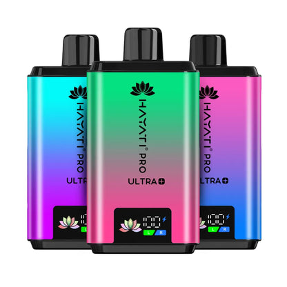 Three colorful 'Hayati Pro Ultra+' vape devices on a white background