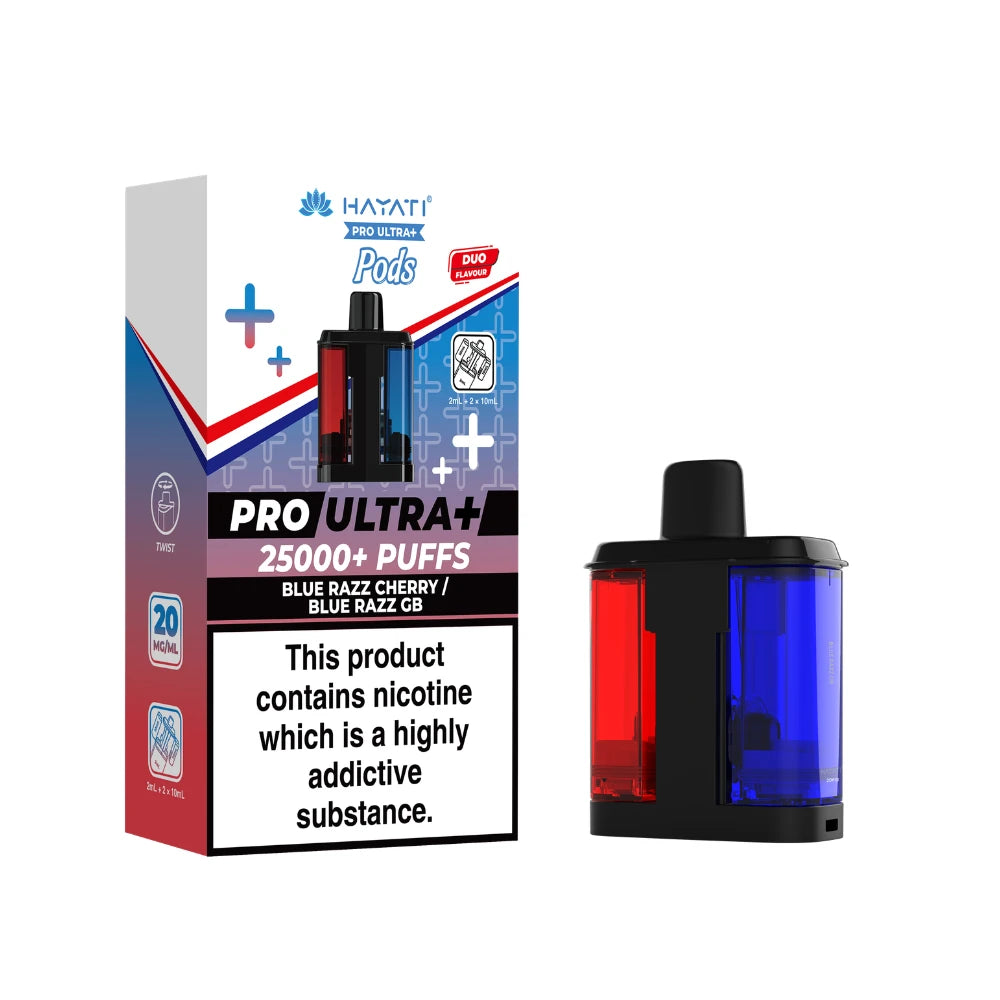 Hayati Pro Ultra+ "Blue Razz Cherry / Blue Razz GB" Refill Pod with colourful packaging on a white background.