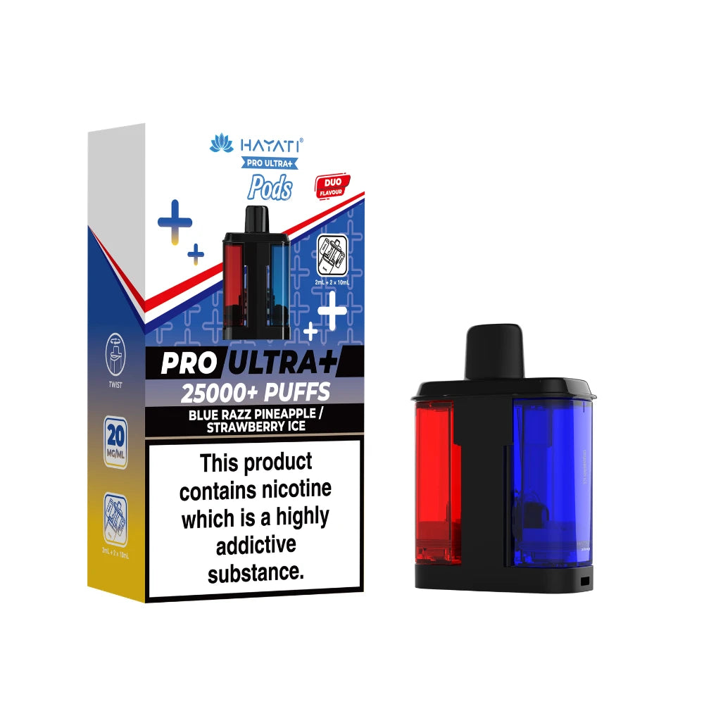 Hayati Pro Ultra+ "Blue Razz Pineapple / Strawberry Ice" Refill Pod with colourful packaging on a white background.