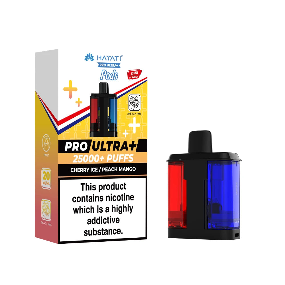 Hayati Pro Ultra+ "Cherry Ice / Peach Mango" Refill Pod with colourful packaging on a white background.
