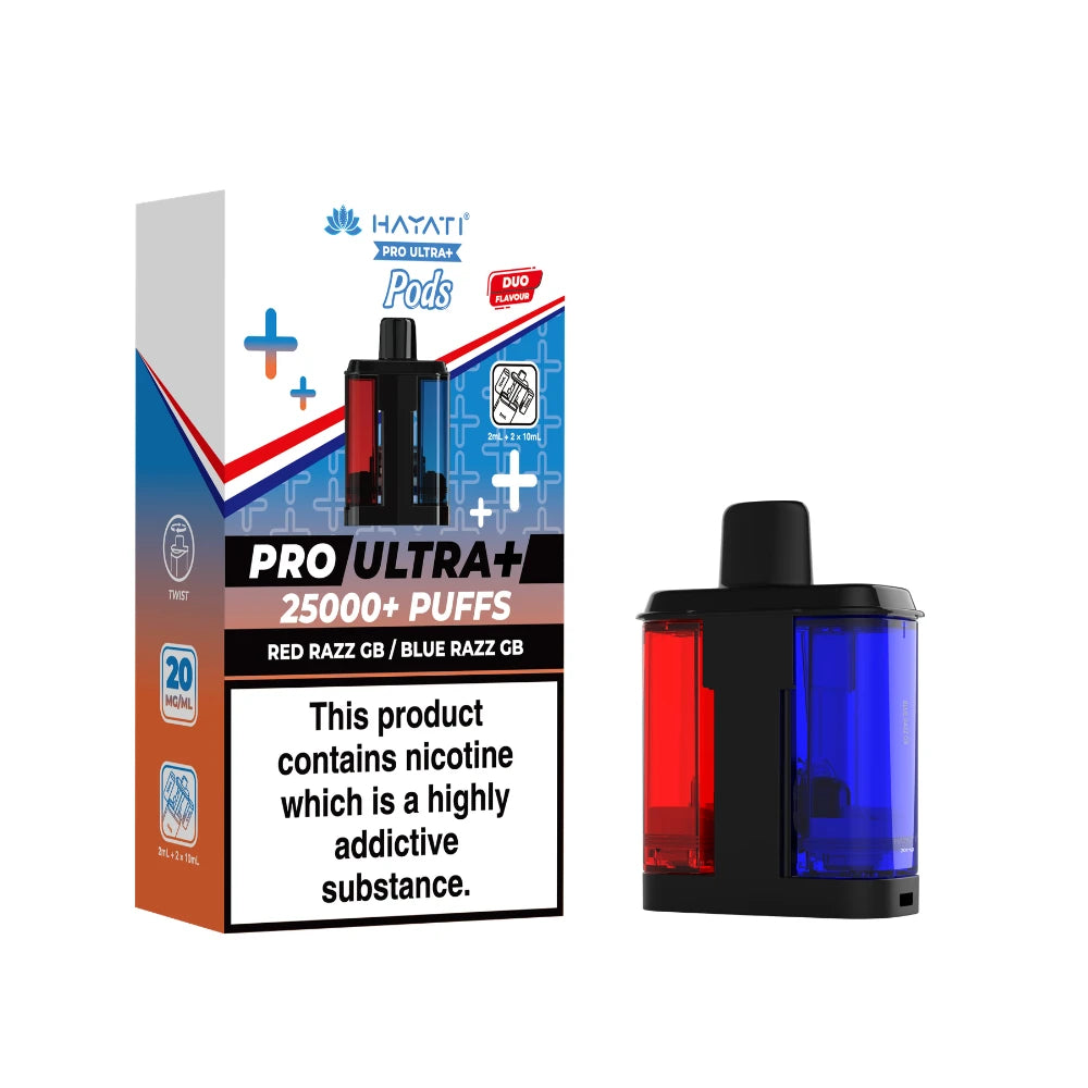 Hayati Pro Ultra+ "Red Razz GB / Blue Razz GB" Refill Pod with colourful packaging on a white background.