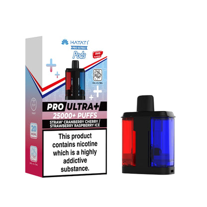 Hayati Pro Ultra+ "Straw' Cranberry Cherry / Strawberry Raspberry Ice" Refill Pod with colourful packaging on a white background.