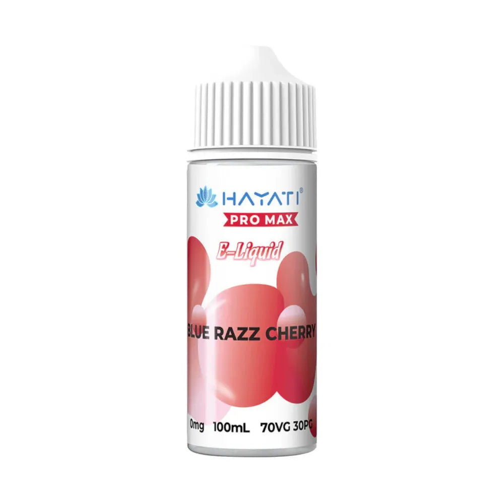 Hayati Pro Max B-Liquid Blue Razz Cherry e-liquid bottle on a white background