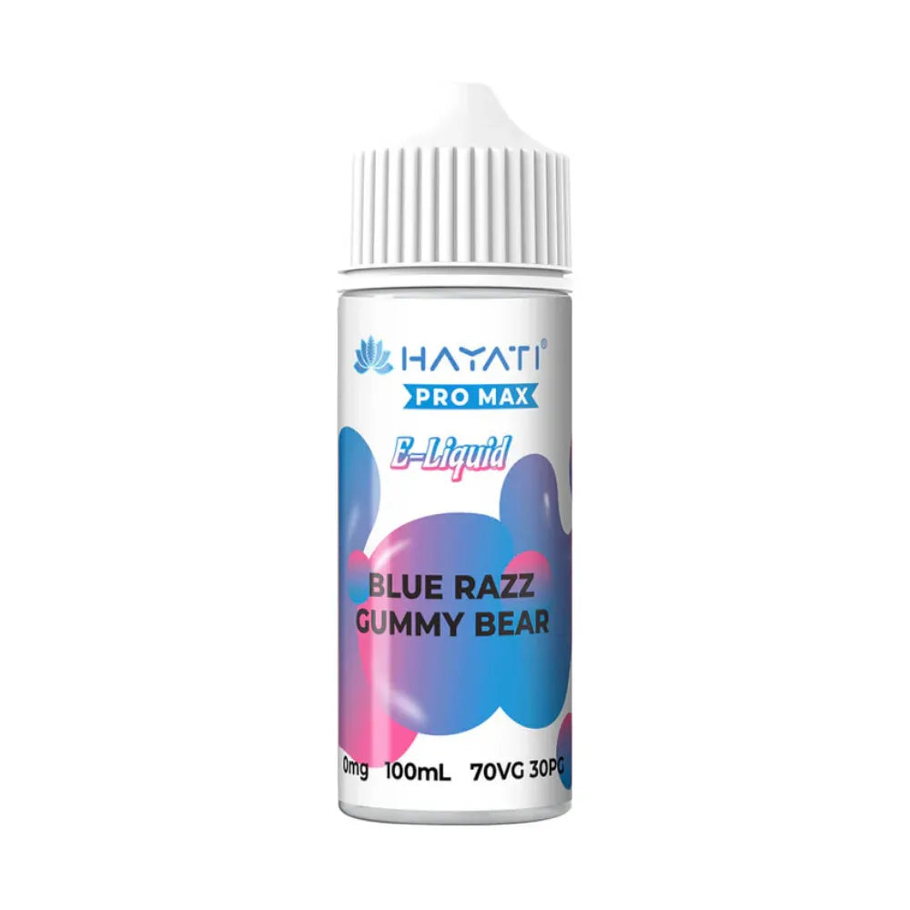 Vape juice bottle labeled 'Hayati Pro Max' with 'Blue Razz Gummy Bear' flavor on a white background