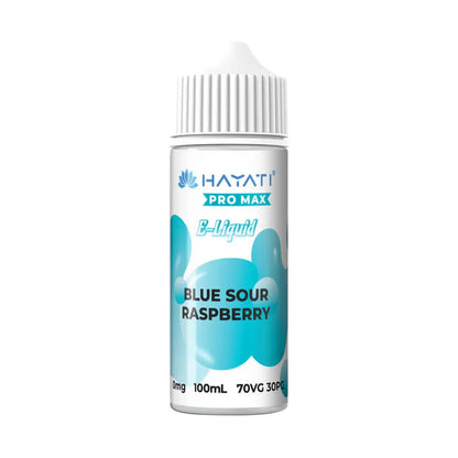 Hayati Pro Max e-liquid bottle for blue sour raspberry flavor on a white background