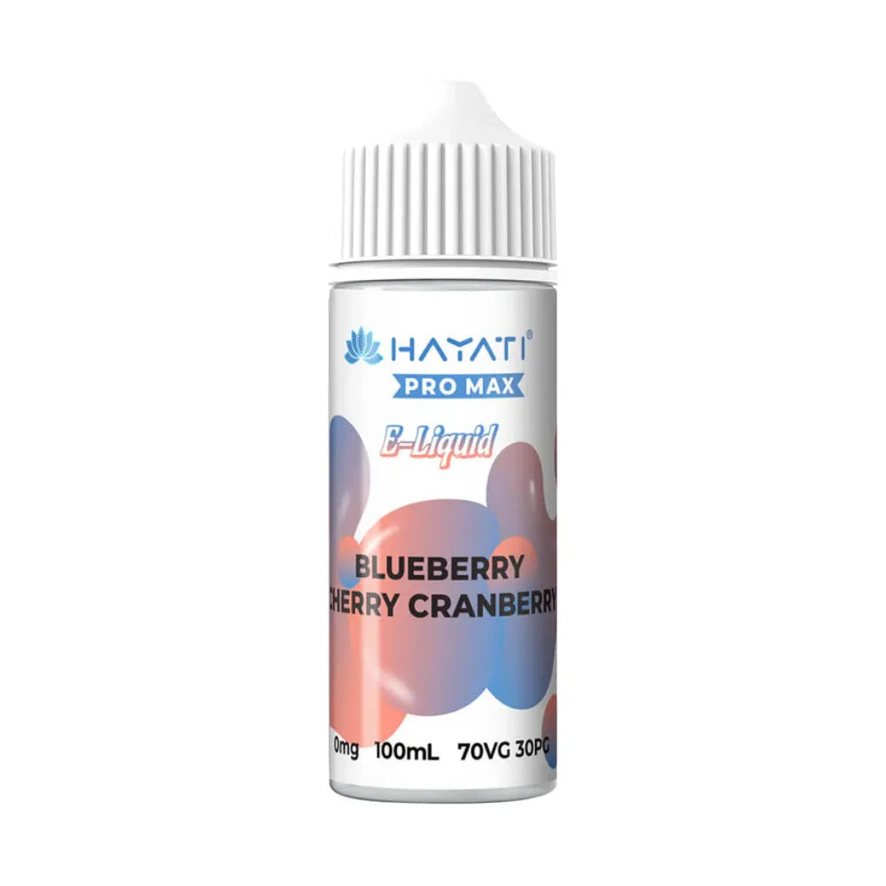 Hayati Pro Max e-liquid bottle with blueberry cherry cranberry flavor on a white background