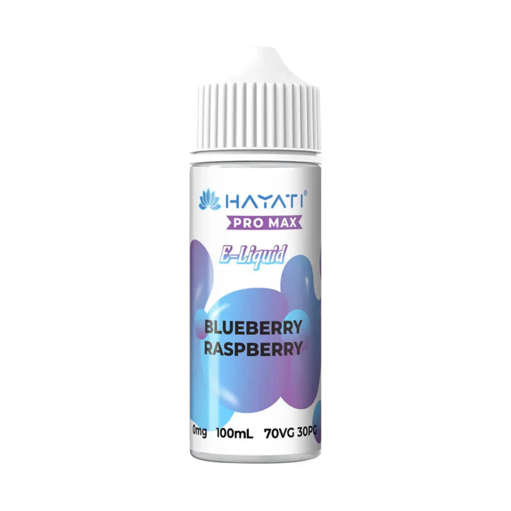 Hayati Pro Max e-liquid bottle for blueberry raspberry flavor on a white background