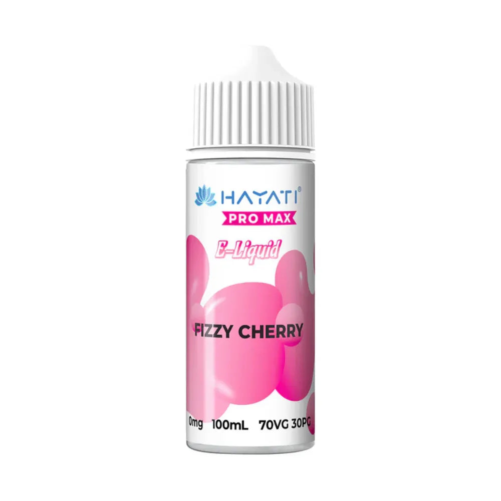 Hayati Pro Max e-liquid bottle with fizzy cherry pink design on a white background