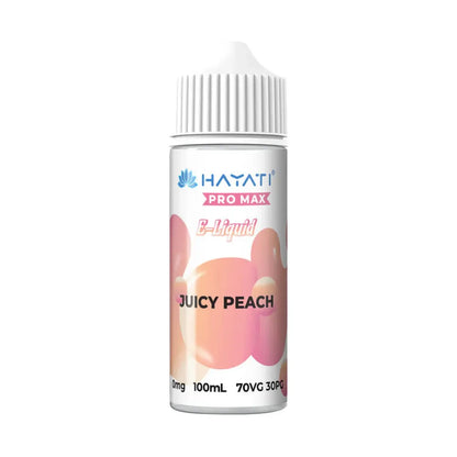 Hayati Pro Max e-liquid bottle for Juicy Peach flavor on a white background