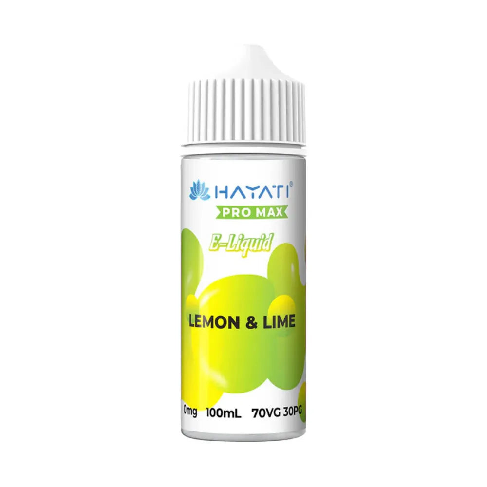 Hayati Pro Max B-Liquid bottle with lemon and lime design on a white background