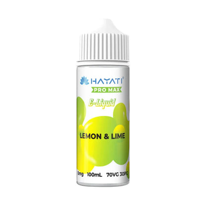 Hayati Pro Max B-Liquid bottle with lemon and lime design on a white background